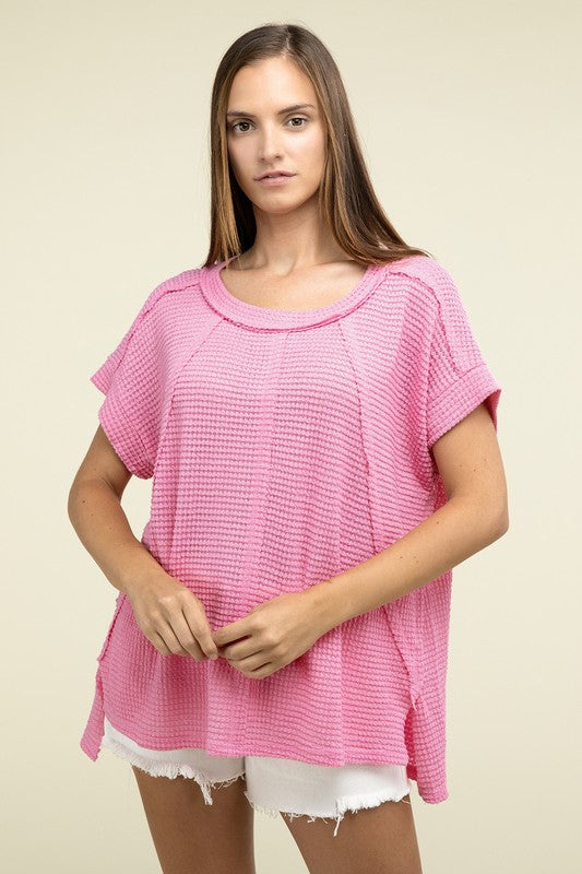 Waffle Exposed-Seam Short Sleeve Top