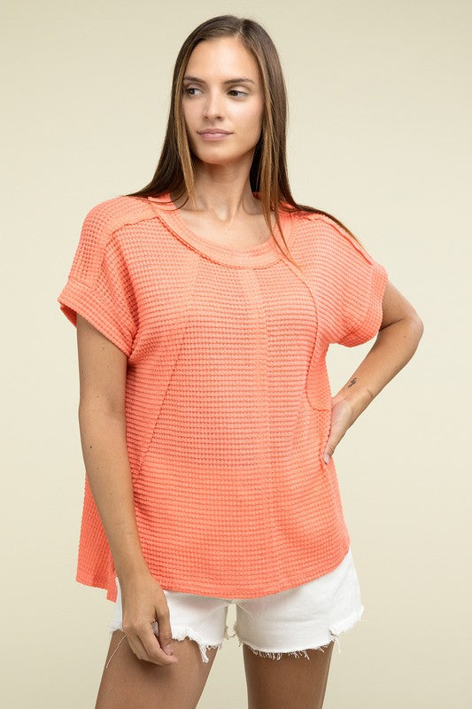 Waffle Exposed-Seam Short Sleeve Top