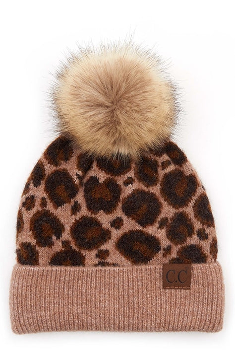 C.C Leopard Knit Cuff Pom Beanie