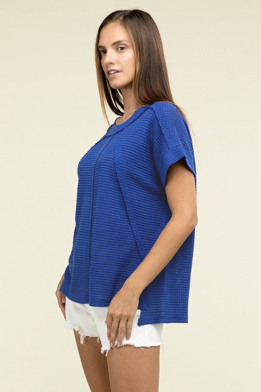 Waffle Exposed-Seam Short Sleeve Top