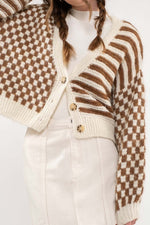 Checkered Striped Knit Cardigan