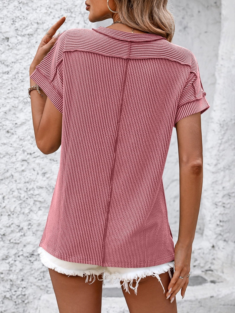 Backstitch Ribbed Top - Pink